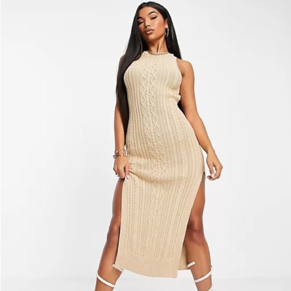 Tan Cable Knit MIDI Dress With Open Back and Thigh Split Detail